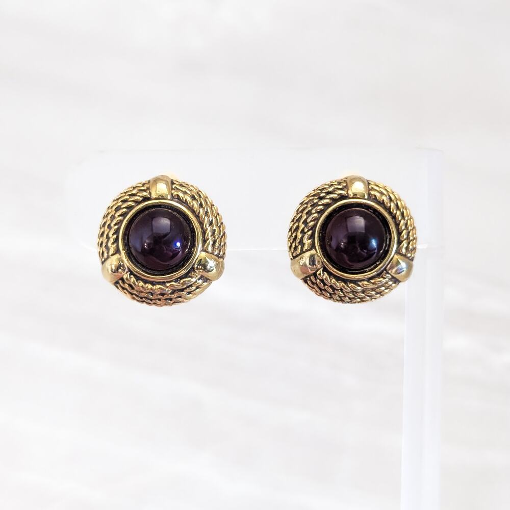 Vintage Clip On Earrings Statement Glam Gold Tone with Burgundy Center